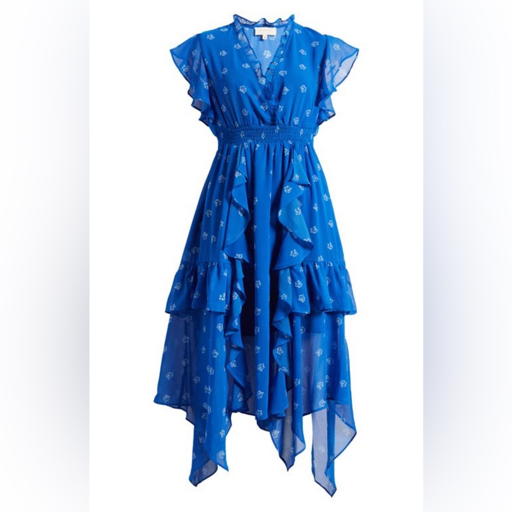 👗 Melloday floral ruffle asymmetric midi dress Cottagecore‎ Prairie Boho blue